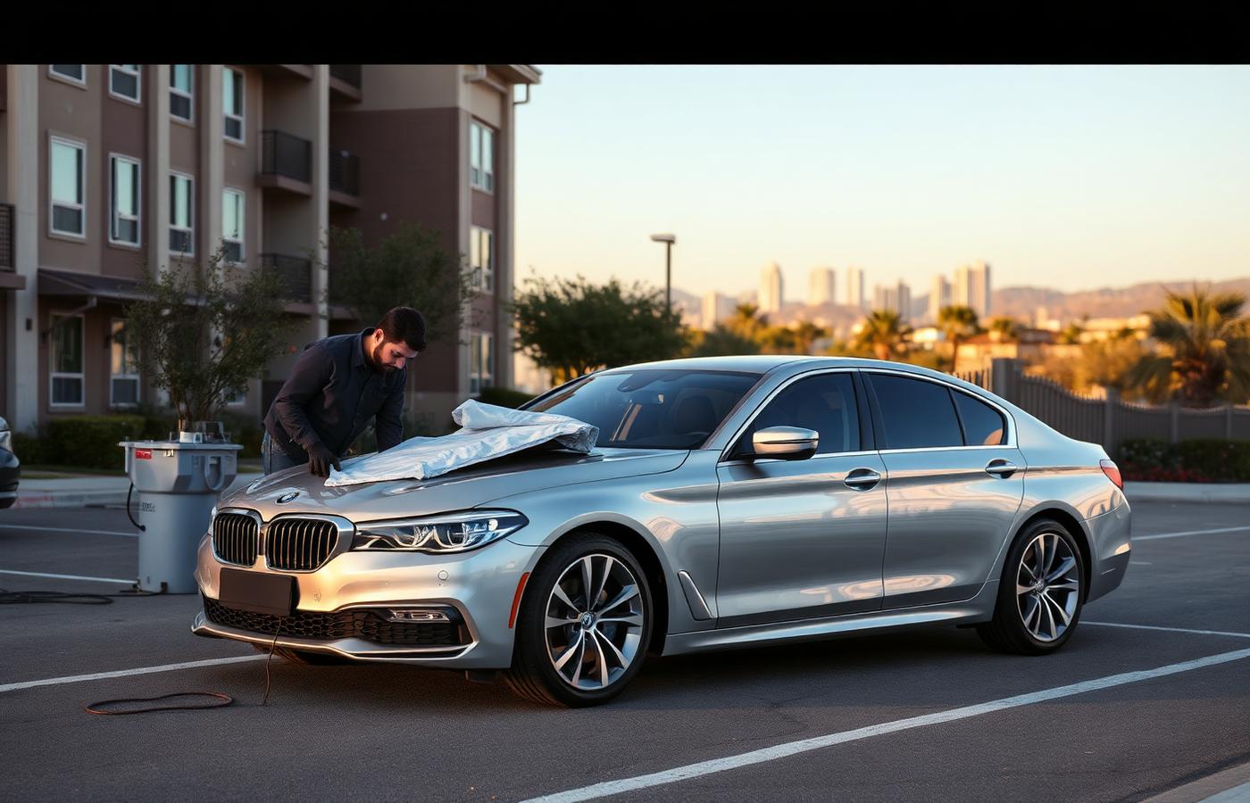 Detailer working on a silver sedan in an apartment parking lot at golden hour
