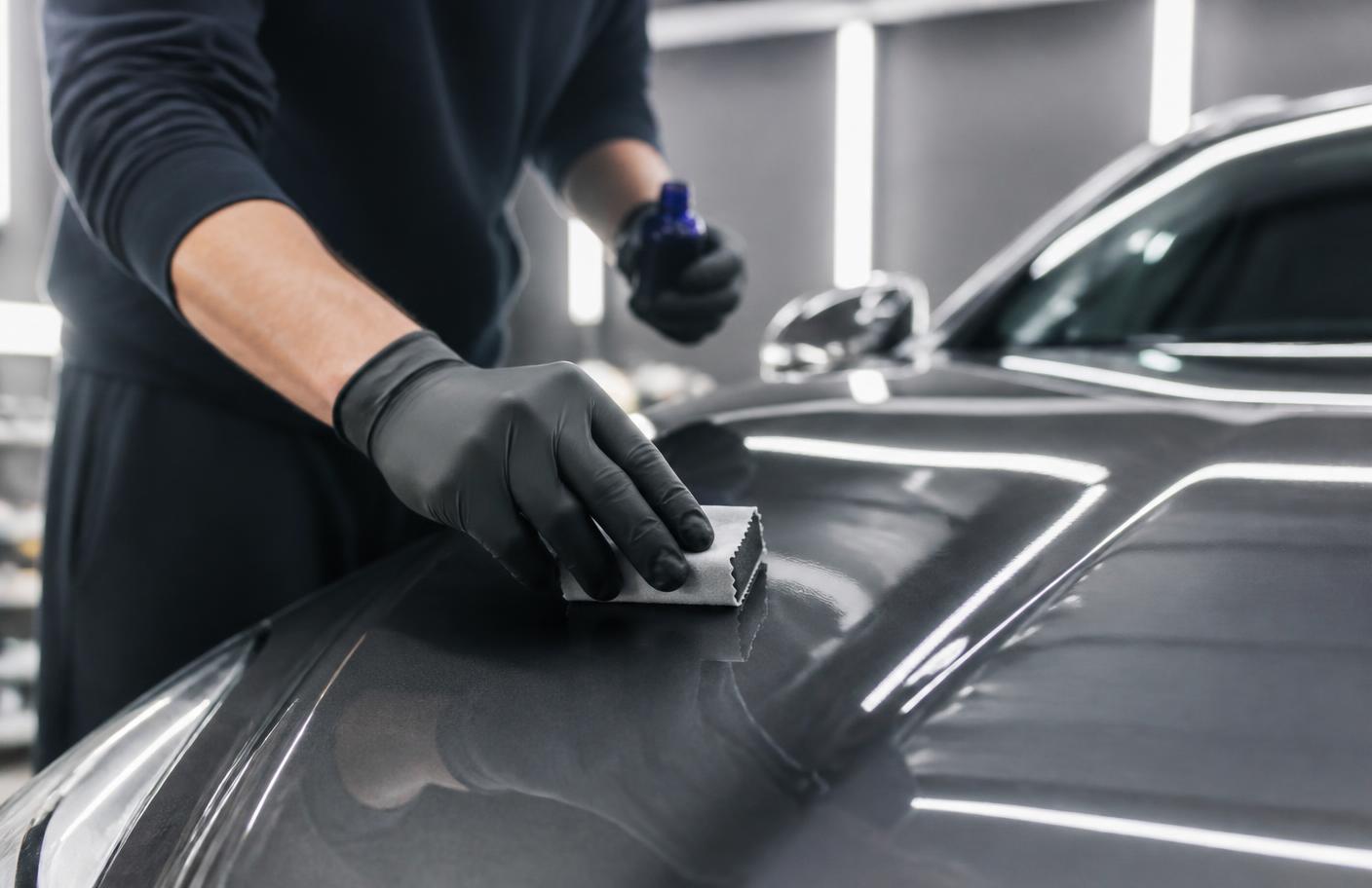 Detailer applying ceramic coating to a dark car hood with a suede applicator under inspection lighting
