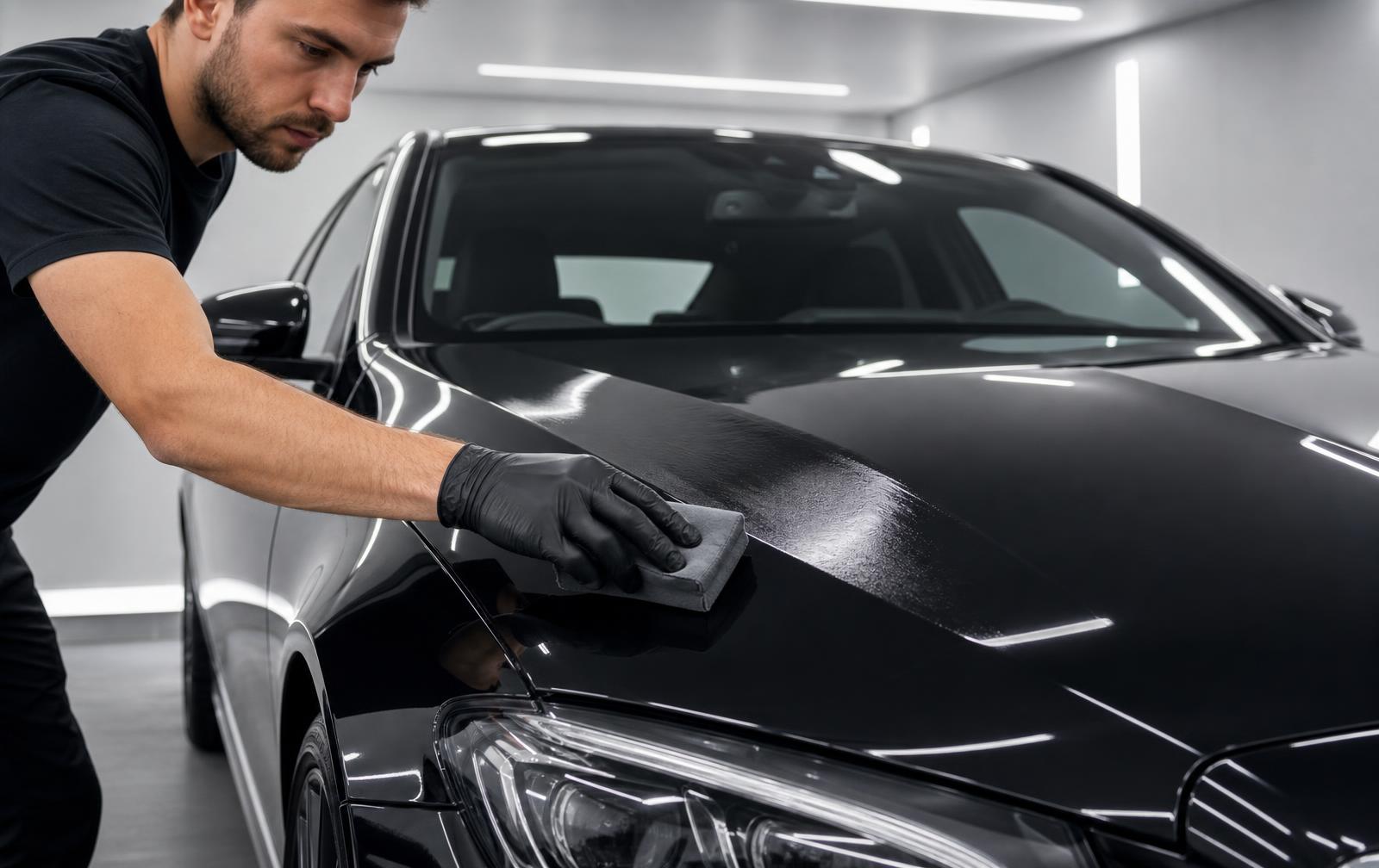Professional detailer applying ceramic coating to prepared vehicle paint