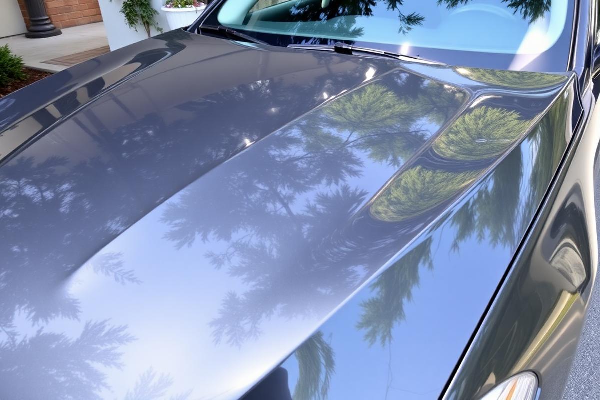 Freshly corrected dark grey car hood in daylight showing sharp, clear reflections