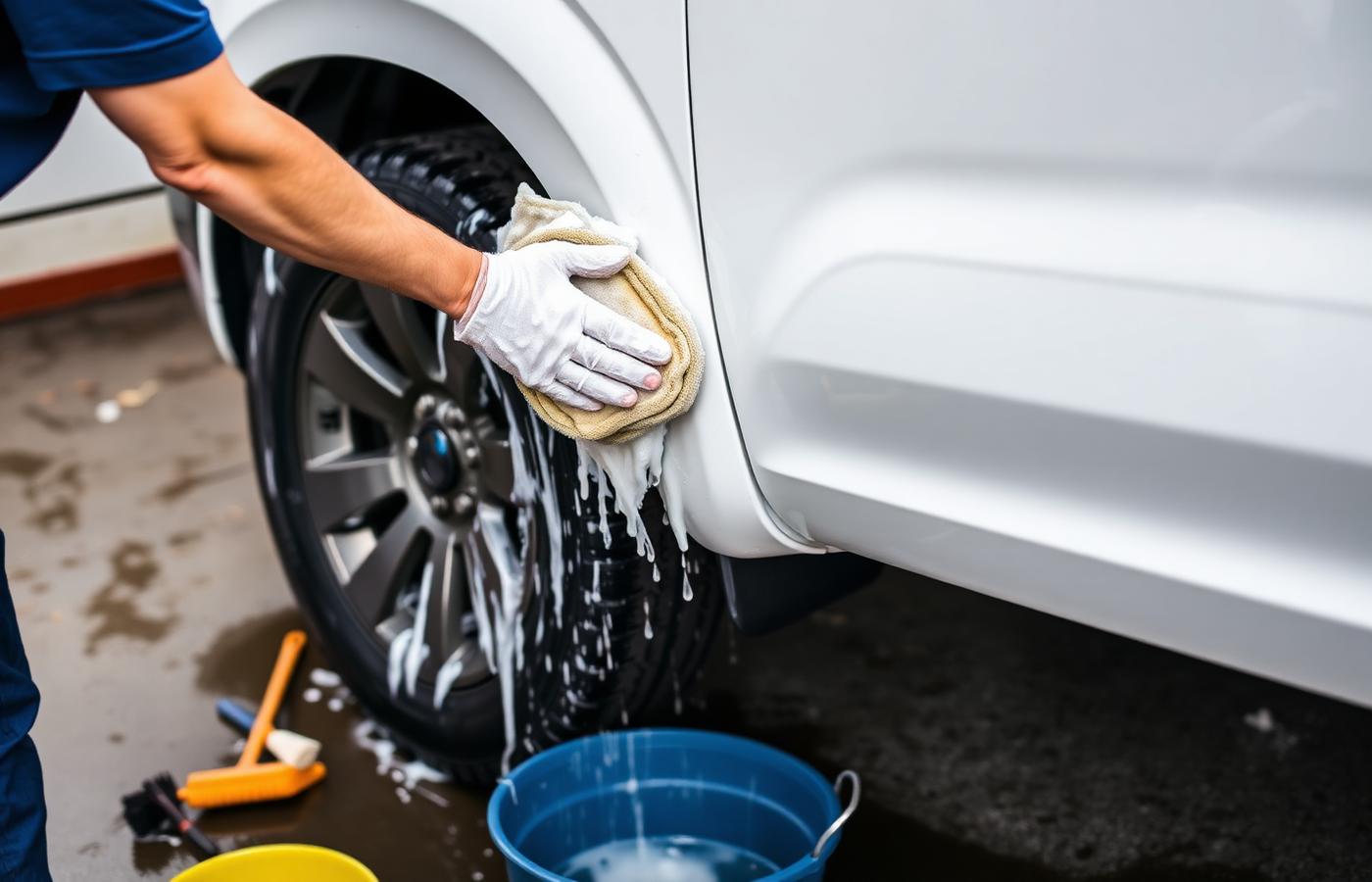 Pickup truck being hand washed with foam on the lower panels