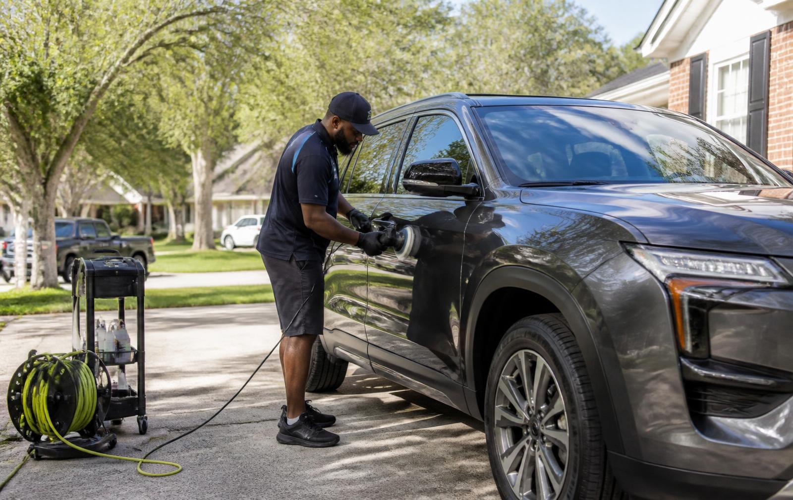 Freshly detailed dark sedan parked in a Charlotte driveway