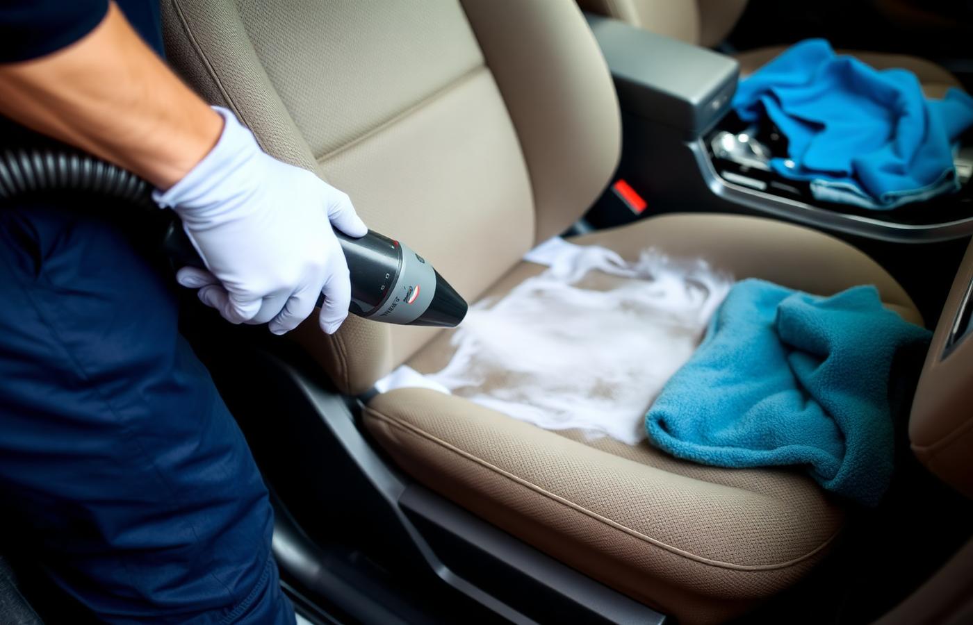 Detailer using an extraction tool on a light-colored car seat cushion