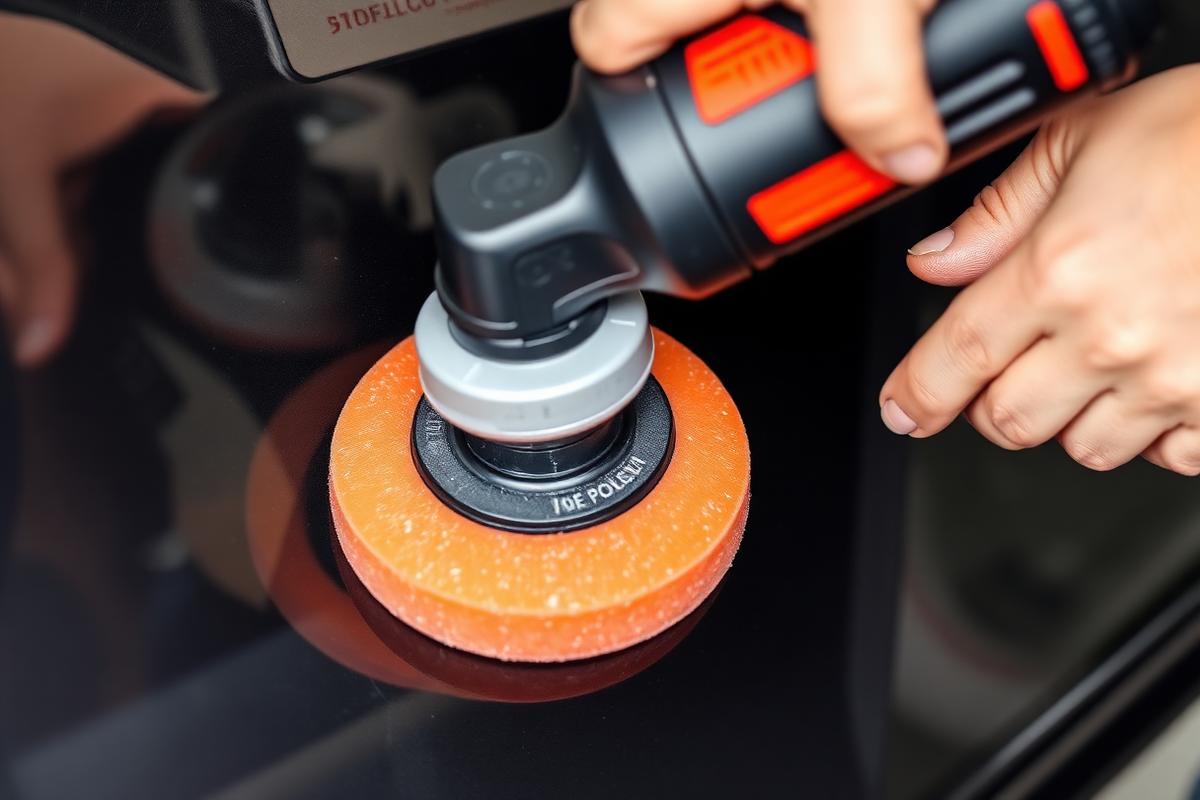 Dual action polisher with an orange foam pad machine polishing a dark car panel