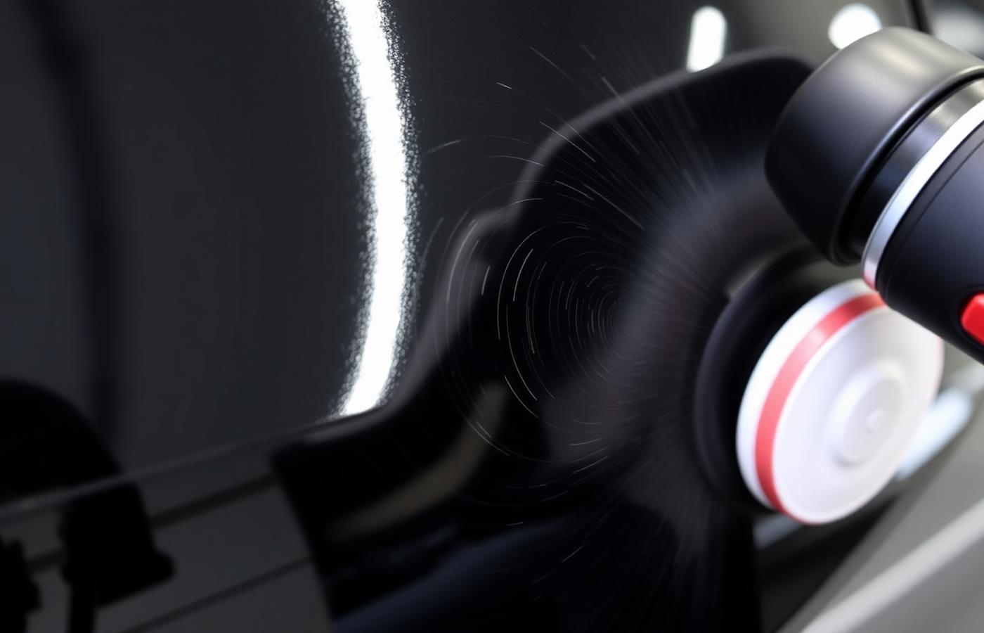 Dual action polisher working on a glossy black car panel showing swirl marks
